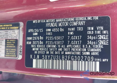 2015 Hyundai Santa Fe Sport 2.4L from USA, damaged, VIN 5XYZU3LB2FG302709